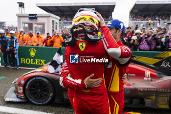 2024-06-16 - 50 FUOCO Antonio (ita), MOLINA Miguel (spa), NIELSEN Nicklas (dnk), Ferrari AF Corse, Ferrari 499P #50, Hypercar, FIA WEC, celebrating their win during the podium of the 2024 24 Hours of Le Mans, 4th round of the 2024 FIA World Endurance Championship, on the Circuit des 24 Heures du Mans, from June 15 to 16, 2024 in Le Mans, France - 24 HEURES DU MANS 2024 - PODIUM - ENDURANCE - MOTORS