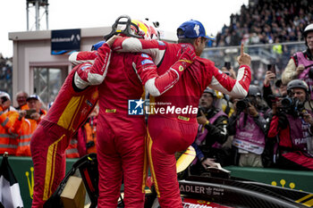 2024-06-16 - FUOCO Antonio (ita), MOLINA Miguel (spa), NIELSEN Nicklas (dnk), Ferrari AF Corse, Ferrari 499P #50, Hypercar, FIA WEC, portrait on parc ferme during the podium of the 2024 24 Hours of Le Mans, 4th round of the 2024 FIA World Endurance Championship, on the Circuit des 24 Heures du Mans, from June 15 to 16, 2024 in Le Mans, France - 24 HEURES DU MANS 2024 - PODIUM - ENDURANCE - MOTORS