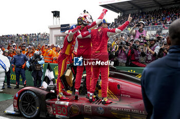 2024-06-16 - FUOCO Antonio (ita), MOLINA Miguel (spa), NIELSEN Nicklas (dnk), Ferrari AF Corse, Ferrari 499P #50, Hypercar, FIA WEC, portrait on parc ferme during the podium of the 2024 24 Hours of Le Mans, 4th round of the 2024 FIA World Endurance Championship, on the Circuit des 24 Heures du Mans, from June 15 to 16, 2024 in Le Mans, France - 24 HEURES DU MANS 2024 - PODIUM - ENDURANCE - MOTORS