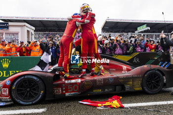 2024-06-16 - 50 FUOCO Antonio (ita), MOLINA Miguel (spa), NIELSEN Nicklas (dnk), Ferrari AF Corse, Ferrari 499P #50, Hypercar, FIA WEC, celebrating their win during the podium of the 2024 24 Hours of Le Mans, 4th round of the 2024 FIA World Endurance Championship, on the Circuit des 24 Heures du Mans, from June 15 to 16, 2024 in Le Mans, France - 24 HEURES DU MANS 2024 - PODIUM - ENDURANCE - MOTORS