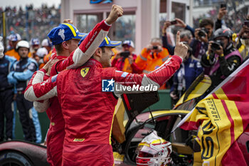 2024-06-16 - FUOCO Antonio (ita), MOLINA Miguel (spa), NIELSEN Nicklas (dnk), Ferrari AF Corse, Ferrari 499P #50, Hypercar, FIA WEC, portrait on parc ferme during the podium of the 2024 24 Hours of Le Mans, 4th round of the 2024 FIA World Endurance Championship, on the Circuit des 24 Heures du Mans, from June 15 to 16, 2024 in Le Mans, France - 24 HEURES DU MANS 2024 - PODIUM - ENDURANCE - MOTORS