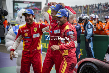 2024-06-16 - FUOCO Antonio (ita), MOLINA Miguel (spa), NIELSEN Nicklas (dnk), Ferrari AF Corse, Ferrari 499P #50, Hypercar, FIA WEC, portrait on parc ferme during the podium of the 2024 24 Hours of Le Mans, 4th round of the 2024 FIA World Endurance Championship, on the Circuit des 24 Heures du Mans, from June 15 to 16, 2024 in Le Mans, France - 24 HEURES DU MANS 2024 - PODIUM - ENDURANCE - MOTORS