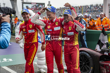 2024-06-16 - FUOCO Antonio (ita), MOLINA Miguel (spa), NIELSEN Nicklas (dnk), Ferrari AF Corse, Ferrari 499P #50, Hypercar, FIA WEC, portrait on parc ferme during the podium of the 2024 24 Hours of Le Mans, 4th round of the 2024 FIA World Endurance Championship, on the Circuit des 24 Heures du Mans, from June 15 to 16, 2024 in Le Mans, France - 24 HEURES DU MANS 2024 - PODIUM - ENDURANCE - MOTORS