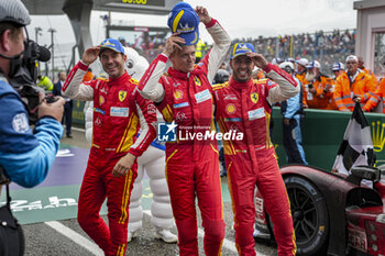 2024-06-16 - FUOCO Antonio (ita), MOLINA Miguel (spa), NIELSEN Nicklas (dnk), Ferrari AF Corse, Ferrari 499P #50, Hypercar, FIA WEC, portrait on parc ferme during the podium of the 2024 24 Hours of Le Mans, 4th round of the 2024 FIA World Endurance Championship, on the Circuit des 24 Heures du Mans, from June 15 to 16, 2024 in Le Mans, France - 24 HEURES DU MANS 2024 - PODIUM - ENDURANCE - MOTORS