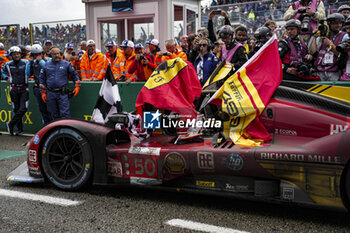 2024-06-16 - 50 FUOCO Antonio (ita), MOLINA Miguel (spa), NIELSEN Nicklas (dnk), Ferrari AF Corse, Ferrari 499P #50, Hypercar, FIA WEC, illustration on parc ferme during the podium of the 2024 24 Hours of Le Mans, 4th round of the 2024 FIA World Endurance Championship, on the Circuit des 24 Heures du Mans, from June 15 to 16, 2024 in Le Mans, France - 24 HEURES DU MANS 2024 - PODIUM - ENDURANCE - MOTORS