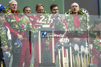 2024-06-16 - FUOCO Antonio (ita), MOLINA Miguel (spa), NIELSEN Nicklas (dnk), Ferrari AF Corse, Ferrari 499P #50, Hypercar, FIA WEC, podium during the podium of the 2024 24 Hours of Le Mans, 4th round of the 2024 FIA World Endurance Championship, on the Circuit des 24 Heures du Mans, from June 15 to 16, 2024 in Le Mans, France - 24 HEURES DU MANS 2024 - PODIUM - ENDURANCE - MOTORS