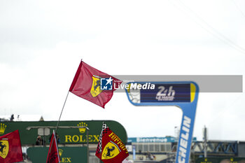 2024-06-16 - Ferrari flag, drapeau, during the podium of the 2024 24 Hours of Le Mans, 4th round of the 2024 FIA World Endurance Championship, on the Circuit des 24 Heures du Mans, from June 15 to 16, 2024 in Le Mans, France - 24 HEURES DU MANS 2024 - PODIUM - ENDURANCE - MOTORS