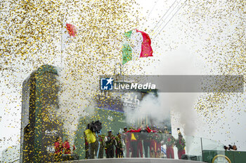 2024-06-16 - FUOCO Antonio (ita), MOLINA Miguel (spa), NIELSEN Nicklas (dnk), Ferrari AF Corse, Ferrari 499P #50, Hypercar, FIA WEC, celebrate with the trophy on podium during of the 2024 24 Hours of Le Mans, 4th round of the 2024 FIA World Endurance Championship, on the Circuit des 24 Heures du Mans, from June 15 to 16, 2024 in Le Mans, France - 24 HEURES DU MANS 2024 - PODIUM - ENDURANCE - MOTORS