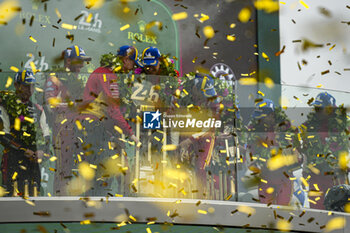 2024-06-16 - FUOCO Antonio (ita), MOLINA Miguel (spa), NIELSEN Nicklas (dnk), Ferrari AF Corse, Ferrari 499P #50, Hypercar, FIA WEC, celebrate with the trophy on podium during of the 2024 24 Hours of Le Mans, 4th round of the 2024 FIA World Endurance Championship, on the Circuit des 24 Heures du Mans, from June 15 to 16, 2024 in Le Mans, France - 24 HEURES DU MANS 2024 - PODIUM - ENDURANCE - MOTORS