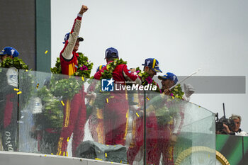 2024-06-16 - FUOCO Antonio (ita), MOLINA Miguel (spa), NIELSEN Nicklas (dnk), Ferrari AF Corse, Ferrari 499P #50, Hypercar, FIA WEC, PIER GUIDI Alessandro (ita), CALADO James (gbr), GIOVINAZZI Antonio (ita), Ferrari AF Corse, Ferrari 499P #51, Hypercar, FIA WEC, podium during the podium of the 2024 24 Hours of Le Mans, 4th round of the 2024 FIA World Endurance Championship, on the Circuit des 24 Heures du Mans, from June 15 to 16, 2024 in Le Mans, France - 24 HEURES DU MANS 2024 - PODIUM - ENDURANCE - MOTORS