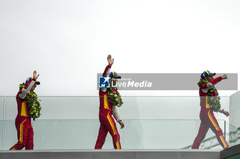 2024-06-16 - PIER GUIDI Alessandro (ita), CALADO James (gbr), GIOVINAZZI Antonio (ita), Ferrari AF Corse, Ferrari 499P #51, Hypercar, FIA WEC, portrait, podium during the podium of the 2024 24 Hours of Le Mans, 4th round of the 2024 FIA World Endurance Championship, on the Circuit des 24 Heures du Mans, from June 15 to 16, 2024 in Le Mans, France - 24 HEURES DU MANS 2024 - PODIUM - ENDURANCE - MOTORS