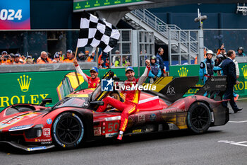 2024-06-16 - Finish line, arrivee of 50 FUOCO Antonio (ita), MOLINA Miguel (spa), NIELSEN Nicklas (dnk), Ferrari AF Corse, Ferrari 499P #50, Hypercar, FIA WEC, portrait during the podium of the 2024 24 Hours of Le Mans, 4th round of the 2024 FIA World Endurance Championship, on the Circuit des 24 Heures du Mans, from June 15 to 16, 2024 in Le Mans, France - 24 HEURES DU MANS 2024 - PODIUM - ENDURANCE - MOTORS