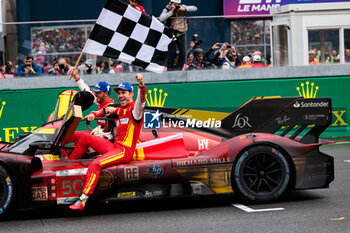 2024-06-16 - Finish line, arrivee of 50 FUOCO Antonio (ita), MOLINA Miguel (spa), NIELSEN Nicklas (dnk), Ferrari AF Corse, Ferrari 499P #50, Hypercar, FIA WEC, portrait during the podium of the 2024 24 Hours of Le Mans, 4th round of the 2024 FIA World Endurance Championship, on the Circuit des 24 Heures du Mans, from June 15 to 16, 2024 in Le Mans, France - 24 HEURES DU MANS 2024 - PODIUM - ENDURANCE - MOTORS