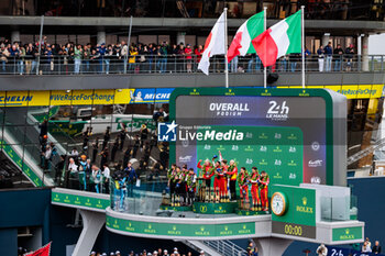 2024-06-16 - 50 FUOCO Antonio (ita), MOLINA Miguel (spa), NIELSEN Nicklas (dnk), Ferrari AF Corse, Ferrari 499P #50, Hypercar, FIA WEC, portrait 07 LOPEZ José María (arg), KOBAYASHI Kamui (jpn), DE VRIES Nyck (nld), Toyota Gazoo Racing, Toyota GR010 - Hybrid #07, Hypercar, FIA WEC, 07 LOPEZ José María (arg), KOBAYASHI Kamui (jpn), DE VRIES Nyck (nld), Toyota Gazoo Racing, Toyota GR010 - Hybrid #07, Hypercar, FIA WEC, portrait 51 PIER GUIDI Alessandro (ita), CALADO James (gbr), GIOVINAZZI Antonio (ita), Ferrari AF Corse, Ferrari 499P #51, Hypercar, FIA WEC, portrait during the podium of the 2024 24 Hours of Le Mans, 4th round of the 2024 FIA World Endurance Championship, on the Circuit des 24 Heures du Mans, from June 15 to 16, 2024 in Le Mans, France - 24 HEURES DU MANS 2024 - PODIUM - ENDURANCE - MOTORS