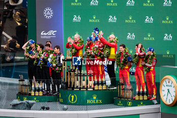 2024-06-16 - 50 FUOCO Antonio (ita), MOLINA Miguel (spa), NIELSEN Nicklas (dnk), Ferrari AF Corse, Ferrari 499P #50, Hypercar, FIA WEC, portrait 07 LOPEZ José María (arg), KOBAYASHI Kamui (jpn), DE VRIES Nyck (nld), Toyota Gazoo Racing, Toyota GR010 - Hybrid #07, Hypercar, FIA WEC, 07 LOPEZ José María (arg), KOBAYASHI Kamui (jpn), DE VRIES Nyck (nld), Toyota Gazoo Racing, Toyota GR010 - Hybrid #07, Hypercar, FIA WEC, portrait 51 PIER GUIDI Alessandro (ita), CALADO James (gbr), GIOVINAZZI Antonio (ita), Ferrari AF Corse, Ferrari 499P #51, Hypercar, FIA WEC, portrait during the podium of the 2024 24 Hours of Le Mans, 4th round of the 2024 FIA World Endurance Championship, on the Circuit des 24 Heures du Mans, from June 15 to 16, 2024 in Le Mans, France - 24 HEURES DU MANS 2024 - PODIUM - ENDURANCE - MOTORS