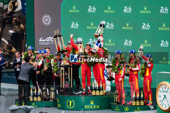 2024-06-16 - 50 FUOCO Antonio (ita), MOLINA Miguel (spa), NIELSEN Nicklas (dnk), Ferrari AF Corse, Ferrari 499P #50, Hypercar, FIA WEC, portrait 07 LOPEZ José María (arg), KOBAYASHI Kamui (jpn), DE VRIES Nyck (nld), Toyota Gazoo Racing, Toyota GR010 - Hybrid #07, Hypercar, FIA WEC, 07 LOPEZ José María (arg), KOBAYASHI Kamui (jpn), DE VRIES Nyck (nld), Toyota Gazoo Racing, Toyota GR010 - Hybrid #07, Hypercar, FIA WEC, portrait 51 PIER GUIDI Alessandro (ita), CALADO James (gbr), GIOVINAZZI Antonio (ita), Ferrari AF Corse, Ferrari 499P #51, Hypercar, FIA WEC, portrait during the podium of the 2024 24 Hours of Le Mans, 4th round of the 2024 FIA World Endurance Championship, on the Circuit des 24 Heures du Mans, from June 15 to 16, 2024 in Le Mans, France - 24 HEURES DU MANS 2024 - PODIUM - ENDURANCE - MOTORS