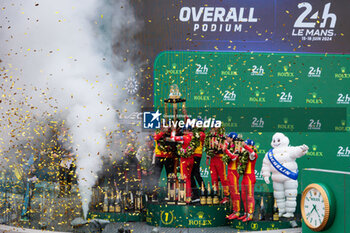 2024-06-16 - 50 FUOCO Antonio (ita), MOLINA Miguel (spa), NIELSEN Nicklas (dnk), Ferrari AF Corse, Ferrari 499P #50, Hypercar, FIA WEC, portrait 07 LOPEZ José María (arg), KOBAYASHI Kamui (jpn), DE VRIES Nyck (nld), Toyota Gazoo Racing, Toyota GR010 - Hybrid #07, Hypercar, FIA WEC, 07 LOPEZ José María (arg), KOBAYASHI Kamui (jpn), DE VRIES Nyck (nld), Toyota Gazoo Racing, Toyota GR010 - Hybrid #07, Hypercar, FIA WEC, portrait 51 PIER GUIDI Alessandro (ita), CALADO James (gbr), GIOVINAZZI Antonio (ita), Ferrari AF Corse, Ferrari 499P #51, Hypercar, FIA WEC, portrait during the podium of the 2024 24 Hours of Le Mans, 4th round of the 2024 FIA World Endurance Championship, on the Circuit des 24 Heures du Mans, from June 15 to 16, 2024 in Le Mans, France - 24 HEURES DU MANS 2024 - PODIUM - ENDURANCE - MOTORS