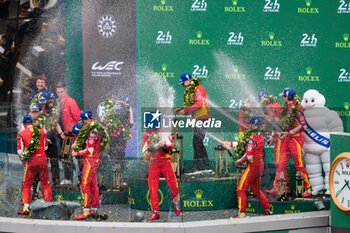 2024-06-16 - 50 FUOCO Antonio (ita), MOLINA Miguel (spa), NIELSEN Nicklas (dnk), Ferrari AF Corse, Ferrari 499P #50, Hypercar, FIA WEC, portrait 07 LOPEZ José María (arg), KOBAYASHI Kamui (jpn), DE VRIES Nyck (nld), Toyota Gazoo Racing, Toyota GR010 - Hybrid #07, Hypercar, FIA WEC, 07 LOPEZ José María (arg), KOBAYASHI Kamui (jpn), DE VRIES Nyck (nld), Toyota Gazoo Racing, Toyota GR010 - Hybrid #07, Hypercar, FIA WEC, portrait 51 PIER GUIDI Alessandro (ita), CALADO James (gbr), GIOVINAZZI Antonio (ita), Ferrari AF Corse, Ferrari 499P #51, Hypercar, FIA WEC, portrait during the podium of the 2024 24 Hours of Le Mans, 4th round of the 2024 FIA World Endurance Championship, on the Circuit des 24 Heures du Mans, from June 15 to 16, 2024 in Le Mans, France - 24 HEURES DU MANS 2024 - PODIUM - ENDURANCE - MOTORS