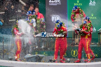 2024-06-16 - 50 FUOCO Antonio (ita), MOLINA Miguel (spa), NIELSEN Nicklas (dnk), Ferrari AF Corse, Ferrari 499P #50, Hypercar, FIA WEC, portrait 07 LOPEZ José María (arg), KOBAYASHI Kamui (jpn), DE VRIES Nyck (nld), Toyota Gazoo Racing, Toyota GR010 - Hybrid #07, Hypercar, FIA WEC, 07 LOPEZ José María (arg), KOBAYASHI Kamui (jpn), DE VRIES Nyck (nld), Toyota Gazoo Racing, Toyota GR010 - Hybrid #07, Hypercar, FIA WEC, portrait 51 PIER GUIDI Alessandro (ita), CALADO James (gbr), GIOVINAZZI Antonio (ita), Ferrari AF Corse, Ferrari 499P #51, Hypercar, FIA WEC, portrait during the podium of the 2024 24 Hours of Le Mans, 4th round of the 2024 FIA World Endurance Championship, on the Circuit des 24 Heures du Mans, from June 15 to 16, 2024 in Le Mans, France - 24 HEURES DU MANS 2024 - PODIUM - ENDURANCE - MOTORS