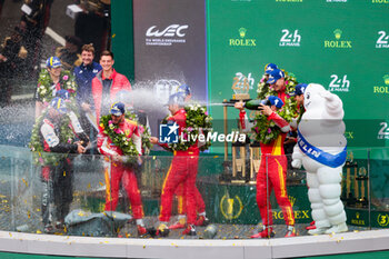 2024-06-16 - 50 FUOCO Antonio (ita), MOLINA Miguel (spa), NIELSEN Nicklas (dnk), Ferrari AF Corse, Ferrari 499P #50, Hypercar, FIA WEC, portrait 07 LOPEZ José María (arg), KOBAYASHI Kamui (jpn), DE VRIES Nyck (nld), Toyota Gazoo Racing, Toyota GR010 - Hybrid #07, Hypercar, FIA WEC, 07 LOPEZ José María (arg), KOBAYASHI Kamui (jpn), DE VRIES Nyck (nld), Toyota Gazoo Racing, Toyota GR010 - Hybrid #07, Hypercar, FIA WEC, portrait 51 PIER GUIDI Alessandro (ita), CALADO James (gbr), GIOVINAZZI Antonio (ita), Ferrari AF Corse, Ferrari 499P #51, Hypercar, FIA WEC, portrait during the podium of the 2024 24 Hours of Le Mans, 4th round of the 2024 FIA World Endurance Championship, on the Circuit des 24 Heures du Mans, from June 15 to 16, 2024 in Le Mans, France - 24 HEURES DU MANS 2024 - PODIUM - ENDURANCE - MOTORS