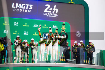 2024-06-16 - Podium, 91 LIETZ Richard (aut), SCHURING Morris (nld), SHAHIN Yasser (aus), Manthey EMA, Porsche 911 GT3 R #91, LM GT3, FIA WEC, 31 FARFUS Augusto (bra), GELAEL Sean (ind), LEUNG Darren (gbr), Team WRT, BMW M4 GT3 #31, LM GT3, FIA WEC, 88 OLSEN Dennis (dnk), PEDERSEN Mikkel (dnk), RODA Giorgio (ita), Proton Competition, Ford Mustang GT3 #88, LM GT3, FIA WEC during the podium of the 2024 24 Hours of Le Mans, 4th round of the 2024 FIA World Endurance Championship, on the Circuit des 24 Heures du Mans, from June 15 to 16, 2024 in Le Mans, France - 24 HEURES DU MANS 2024 - PODIUM - ENDURANCE - MOTORS