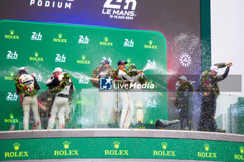 2024-06-16 - Podium, 91 LIETZ Richard (aut), SCHURING Morris (nld), SHAHIN Yasser (aus), Manthey EMA, Porsche 911 GT3 R #91, LM GT3, FIA WEC, 31 FARFUS Augusto (bra), GELAEL Sean (ind), LEUNG Darren (gbr), Team WRT, BMW M4 GT3 #31, LM GT3, FIA WEC, 88 OLSEN Dennis (dnk), PEDERSEN Mikkel (dnk), RODA Giorgio (ita), Proton Competition, Ford Mustang GT3 #88, LM GT3, FIA WEC during the podium of the 2024 24 Hours of Le Mans, 4th round of the 2024 FIA World Endurance Championship, on the Circuit des 24 Heures du Mans, from June 15 to 16, 2024 in Le Mans, France - 24 HEURES DU MANS 2024 - PODIUM - ENDURANCE - MOTORS