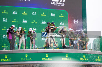 2024-06-16 - Podium, 183 PERRODO François (fra), BARNICOAT Ben (gbr), VARRONE Nicolas (arg), AF Corse, Oreca 07 - Gibson #183, LMP2 PRO/AM, 14 HYETT PJ (usa), DELETRAZ Louis (swi), QUINN Alex (gbr), AO by TF, Oreca 07 - Gibson #14, LMP2 PRO/AM, 33 MATTSCHULL Alexander (ger), BINDER René (aut), HORR Laurents (ger), DKR Engineering, Oreca 07 - Gibson #33, LMP2 PRO/AM, during the podium of the 2024 24 Hours of Le Mans, 4th round of the 2024 FIA World Endurance Championship, on the Circuit des 24 Heures du Mans, from June 15 to 16, 2024 in Le Mans, France - 24 HEURES DU MANS 2024 - PODIUM - ENDURANCE - MOTORS