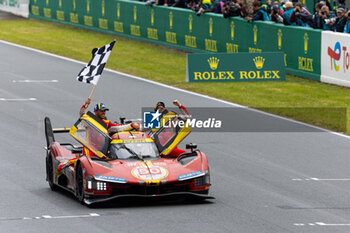 2024-06-16 - MOLINA Miguel (spa), Ferrari AF Corse, Ferrari 499P #50, Hypercar, FIA WEC, portrait, FUOCO Antonio (ita), Ferrari AF Corse, Ferrari 499P #50, Hypercar, FIA WEC, portrait, NIELSEN Nicklas (dnk), Ferrari AF Corse, Ferrari 499P #50, Hypercar, FIA WEC, portrait during the podium of the 2024 24 Hours of Le Mans, 4th round of the 2024 FIA World Endurance Championship, on the Circuit des 24 Heures du Mans, from June 15 to 16, 2024 in Le Mans, France - 24 HEURES DU MANS 2024 - PODIUM - ENDURANCE - MOTORS