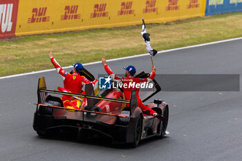 2024-06-16 - MOLINA Miguel (spa), Ferrari AF Corse, Ferrari 499P #50, Hypercar, FIA WEC, portrait, FUOCO Antonio (ita), Ferrari AF Corse, Ferrari 499P #50, Hypercar, FIA WEC, portrait, NIELSEN Nicklas (dnk), Ferrari AF Corse, Ferrari 499P #50, Hypercar, FIA WEC, portrait during the podium of the 2024 24 Hours of Le Mans, 4th round of the 2024 FIA World Endurance Championship, on the Circuit des 24 Heures du Mans, from June 15 to 16, 2024 in Le Mans, France - 24 HEURES DU MANS 2024 - PODIUM - ENDURANCE - MOTORS