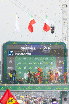 2024-06-16 - 50 FUOCO Antonio (ita), MOLINA Miguel (spa), NIELSEN Nicklas (dnk), Ferrari AF Corse, Ferrari 499P #50, Hypercar, FIA WEC, action, 07 LOPEZ José María (arg), KOBAYASHI Kamui (jpn), DE VRIES Nyck (nld), Toyota Gazoo Racing, Toyota GR010 - Hybrid #07, Hypercar, FIA WEC, action, 51 PIER GUIDI Alessandro (ita), CALADO James (gbr), GIOVINAZZI Antonio (ita), Ferrari AF Corse, Ferrari 499P #51, Hypercar, FIA WEC, podium, portrait during the podium of the 2024 24 Hours of Le Mans, 4th round of the 2024 FIA World Endurance Championship, on the Circuit des 24 Heures du Mans, from June 15 to 16, 2024 in Le Mans, France - 24 HEURES DU MANS 2024 - PODIUM - ENDURANCE - MOTORS