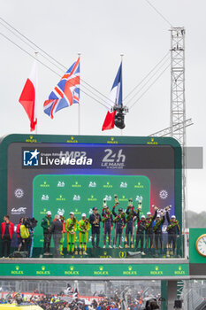 2024-06-16 - 22 JARVIS Oliver (gbr), GARG Bijoy (usa), SIEGEL Nolan (usa), United Autosports, Oreca 07 - Gibson #22, LMP2, action, 34 SMIECHOWSKI Jakub (pol), LOMKO Vladislav (grd), NOVALAK Clément (fra), Inter Europol Competition, Oreca 07 - Gibson #34, LMP2, action, 28 LAFARGUE Paul (fra), VAN UITERT Job (nld), DE GERUS Reshad (fra), Idec Sport, Oreca 07 - Gibson #28, LMP2, podium, portrait during the podium of the 2024 24 Hours of Le Mans, 4th round of the 2024 FIA World Endurance Championship, on the Circuit des 24 Heures du Mans, from June 15 to 16, 2024 in Le Mans, France - 24 HEURES DU MANS 2024 - PODIUM - ENDURANCE - MOTORS