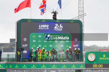 2024-06-16 - 22 JARVIS Oliver (gbr), GARG Bijoy (usa), SIEGEL Nolan (usa), United Autosports, Oreca 07 - Gibson #22, LMP2, action, 34 SMIECHOWSKI Jakub (pol), LOMKO Vladislav (grd), NOVALAK Clément (fra), Inter Europol Competition, Oreca 07 - Gibson #34, LMP2, action, 28 LAFARGUE Paul (fra), VAN UITERT Job (nld), DE GERUS Reshad (fra), Idec Sport, Oreca 07 - Gibson #28, LMP2, podium, portrait during the podium of the 2024 24 Hours of Le Mans, 4th round of the 2024 FIA World Endurance Championship, on the Circuit des 24 Heures du Mans, from June 15 to 16, 2024 in Le Mans, France - 24 HEURES DU MANS 2024 - PODIUM - ENDURANCE - MOTORS