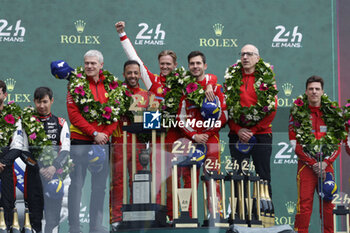 2024-06-16 - 50 FUOCO Antonio (ita), MOLINA Miguel (spa), NIELSEN Nicklas (dnk), Ferrari AF Corse, Ferrari 499P #50, Hypercar, FIA WEC, ambiance portrait victoire winner PODIUM during the podium of the 2024 24 Hours of Le Mans, 4th round of the 2024 FIA World Endurance Championship, on the Circuit des 24 Heures du Mans, from June 15 to 16, 2024 in Le Mans, France - 24 HEURES DU MANS 2024 - PODIUM - ENDURANCE - MOTORS