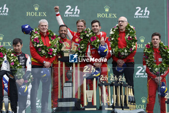 2024-06-16 - 50 FUOCO Antonio (ita), MOLINA Miguel (spa), NIELSEN Nicklas (dnk), Ferrari AF Corse, Ferrari 499P #50, Hypercar, FIA WEC, ambiance portrait victoire winner PODIUM during the podium of the 2024 24 Hours of Le Mans, 4th round of the 2024 FIA World Endurance Championship, on the Circuit des 24 Heures du Mans, from June 15 to 16, 2024 in Le Mans, France - 24 HEURES DU MANS 2024 - PODIUM - ENDURANCE - MOTORS