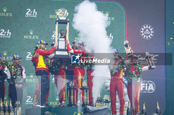 2024-06-16 - 50 FUOCO Antonio (ita), MOLINA Miguel (spa), NIELSEN Nicklas (dnk), Ferrari AF Corse, Ferrari 499P #50, Hypercar, FIA WEC, ambiance portrait victoire winner PODIUM during the podium of the 2024 24 Hours of Le Mans, 4th round of the 2024 FIA World Endurance Championship, on the Circuit des 24 Heures du Mans, from June 15 to 16, 2024 in Le Mans, France - 24 HEURES DU MANS 2024 - PODIUM - ENDURANCE - MOTORS