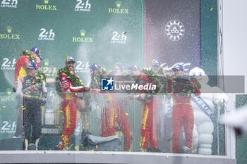 2024-06-16 - 50 FUOCO Antonio (ita), MOLINA Miguel (spa), NIELSEN Nicklas (dnk), Ferrari AF Corse, Ferrari 499P #50, Hypercar, FIA WEC, ambiance portrait victoire winner PODIUM during the podium of the 2024 24 Hours of Le Mans, 4th round of the 2024 FIA World Endurance Championship, on the Circuit des 24 Heures du Mans, from June 15 to 16, 2024 in Le Mans, France - 24 HEURES DU MANS 2024 - PODIUM - ENDURANCE - MOTORS