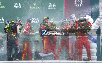 2024-06-16 - 50 FUOCO Antonio (ita), MOLINA Miguel (spa), NIELSEN Nicklas (dnk), Ferrari AF Corse, Ferrari 499P #50, Hypercar, FIA WEC, ambiance portrait victoire winner PODIUM during the podium of the 2024 24 Hours of Le Mans, 4th round of the 2024 FIA World Endurance Championship, on the Circuit des 24 Heures du Mans, from June 15 to 16, 2024 in Le Mans, France - 24 HEURES DU MANS 2024 - PODIUM - ENDURANCE - MOTORS