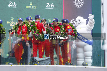 2024-06-16 - 50 FUOCO Antonio (ita), MOLINA Miguel (spa), NIELSEN Nicklas (dnk), Ferrari AF Corse, Ferrari 499P #50, Hypercar, FIA WEC, ambiance portrait victoire winner PODIUM during the podium of the 2024 24 Hours of Le Mans, 4th round of the 2024 FIA World Endurance Championship, on the Circuit des 24 Heures du Mans, from June 15 to 16, 2024 in Le Mans, France - 24 HEURES DU MANS 2024 - PODIUM - ENDURANCE - MOTORS