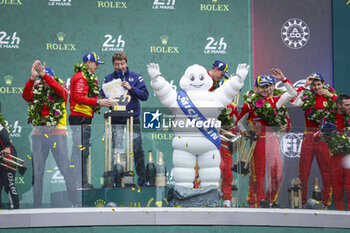 2024-06-16 - 50 FUOCO Antonio (ita), MOLINA Miguel (spa), NIELSEN Nicklas (dnk), Ferrari AF Corse, Ferrari 499P #50, Hypercar, FIA WEC, ambiance portrait victoire winner PODIUM during the podium of the 2024 24 Hours of Le Mans, 4th round of the 2024 FIA World Endurance Championship, on the Circuit des 24 Heures du Mans, from June 15 to 16, 2024 in Le Mans, France - 24 HEURES DU MANS 2024 - PODIUM - ENDURANCE - MOTORS