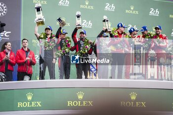 2024-06-16 - 07 LOPEZ José María (arg), KOBAYASHI Kamui (jpn), DE VRIES Nyck (nld), Toyota Gazoo Racing, Toyota GR010 - Hybrid #07, Hypercar, FIA WEC, 50 FUOCO Antonio (ita), MOLINA Miguel (spa), NIELSEN Nicklas (dnk), Ferrari AF Corse, Ferrari 499P #50, Hypercar, FIA WEC, portrait during the podium of the 2024 24 Hours of Le Mans, 4th round of the 2024 FIA World Endurance Championship, on the Circuit des 24 Heures du Mans, from June 15 to 16, 2024 in Le Mans, France - 24 HEURES DU MANS 2024 - PODIUM - ENDURANCE - MOTORS