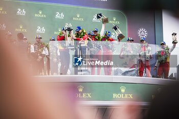 2024-06-16 - 50 FUOCO Antonio (ita), MOLINA Miguel (spa), NIELSEN Nicklas (dnk), Ferrari AF Corse, Ferrari 499P #50, Hypercar, FIA WEC, celebration during the podium of the 2024 24 Hours of Le Mans, 4th round of the 2024 FIA World Endurance Championship, on the Circuit des 24 Heures du Mans, from June 15 to 16, 2024 in Le Mans, France - 24 HEURES DU MANS 2024 - PODIUM - ENDURANCE - MOTORS