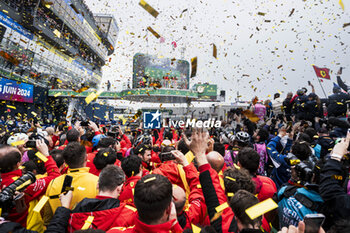 2024-06-16 - 50 FUOCO Antonio (ita), MOLINA Miguel (spa), NIELSEN Nicklas (dnk), Ferrari AF Corse, Ferrari 499P #50, Hypercar, FIA WEC, celebration during the podium of the 2024 24 Hours of Le Mans, 4th round of the 2024 FIA World Endurance Championship, on the Circuit des 24 Heures du Mans, from June 15 to 16, 2024 in Le Mans, France - 24 HEURES DU MANS 2024 - PODIUM - ENDURANCE - MOTORS