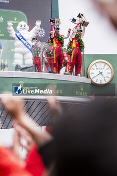 2024-06-16 - 50 FUOCO Antonio (ita), MOLINA Miguel (spa), NIELSEN Nicklas (dnk), Ferrari AF Corse, Ferrari 499P #50, Hypercar, FIA WEC, celebration during the podium of the 2024 24 Hours of Le Mans, 4th round of the 2024 FIA World Endurance Championship, on the Circuit des 24 Heures du Mans, from June 15 to 16, 2024 in Le Mans, France - 24 HEURES DU MANS 2024 - PODIUM - ENDURANCE - MOTORS