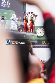 2024-06-16 - 50 FUOCO Antonio (ita), MOLINA Miguel (spa), NIELSEN Nicklas (dnk), Ferrari AF Corse, Ferrari 499P #50, Hypercar, FIA WEC, celebration during the podium of the 2024 24 Hours of Le Mans, 4th round of the 2024 FIA World Endurance Championship, on the Circuit des 24 Heures du Mans, from June 15 to 16, 2024 in Le Mans, France - 24 HEURES DU MANS 2024 - PODIUM - ENDURANCE - MOTORS