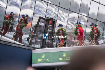 2024-06-16 - 50 FUOCO Antonio (ita), MOLINA Miguel (spa), NIELSEN Nicklas (dnk), Ferrari AF Corse, Ferrari 499P #50, Hypercar, FIA WEC, celebration during the podium of the 2024 24 Hours of Le Mans, 4th round of the 2024 FIA World Endurance Championship, on the Circuit des 24 Heures du Mans, from June 15 to 16, 2024 in Le Mans, France - 24 HEURES DU MANS 2024 - PODIUM - ENDURANCE - MOTORS