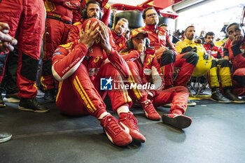 2024-06-16 - 50 FUOCO Antonio (ita), MOLINA Miguel (spa), NIELSEN Nicklas (dnk), Ferrari AF Corse, Ferrari 499P #50, Hypercar, FIA WEC, portrait, celebrating victory during the podium of the 2024 24 Hours of Le Mans, 4th round of the 2024 FIA World Endurance Championship, on the Circuit des 24 Heures du Mans, from June 15 to 16, 2024 in Le Mans, France - 24 HEURES DU MANS 2024 - PODIUM - ENDURANCE - MOTORS