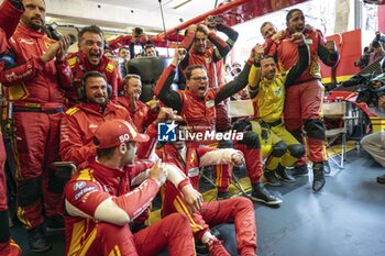 2024-06-16 - 50 FUOCO Antonio (ita), MOLINA Miguel (spa), NIELSEN Nicklas (dnk), Ferrari AF Corse, Ferrari 499P #50, Hypercar, FIA WEC, portrait, celebrating victory during the podium of the 2024 24 Hours of Le Mans, 4th round of the 2024 FIA World Endurance Championship, on the Circuit des 24 Heures du Mans, from June 15 to 16, 2024 in Le Mans, France - 24 HEURES DU MANS 2024 - PODIUM - ENDURANCE - MOTORS