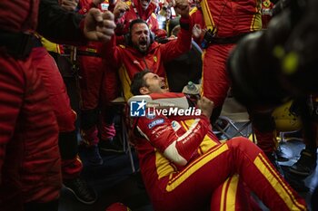 2024-06-16 - 50 FUOCO Antonio (ita), MOLINA Miguel (spa), NIELSEN Nicklas (dnk), Ferrari AF Corse, Ferrari 499P #50, Hypercar, FIA WEC, portrait, celebrating victory during the podium of the 2024 24 Hours of Le Mans, 4th round of the 2024 FIA World Endurance Championship, on the Circuit des 24 Heures du Mans, from June 15 to 16, 2024 in Le Mans, France - 24 HEURES DU MANS 2024 - PODIUM - ENDURANCE - MOTORS