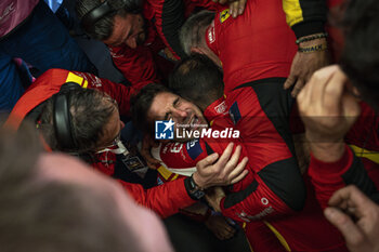 2024-06-16 - 50 FUOCO Antonio (ita), MOLINA Miguel (spa), NIELSEN Nicklas (dnk), Ferrari AF Corse, Ferrari 499P #50, Hypercar, FIA WEC, portrait, celebrating victory during the podium of the 2024 24 Hours of Le Mans, 4th round of the 2024 FIA World Endurance Championship, on the Circuit des 24 Heures du Mans, from June 15 to 16, 2024 in Le Mans, France - 24 HEURES DU MANS 2024 - PODIUM - ENDURANCE - MOTORS