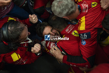 2024-06-16 - 50 FUOCO Antonio (ita), MOLINA Miguel (spa), NIELSEN Nicklas (dnk), Ferrari AF Corse, Ferrari 499P #50, Hypercar, FIA WEC, portrait, celebrating victory during the podium of the 2024 24 Hours of Le Mans, 4th round of the 2024 FIA World Endurance Championship, on the Circuit des 24 Heures du Mans, from June 15 to 16, 2024 in Le Mans, France - 24 HEURES DU MANS 2024 - PODIUM - ENDURANCE - MOTORS